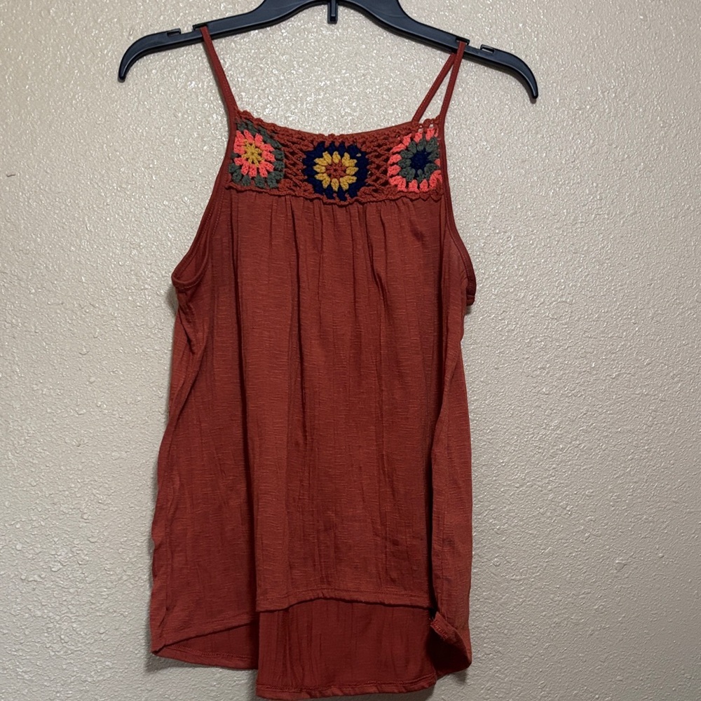 Almost Famous Terracotta Top with Multicolor Crochet
